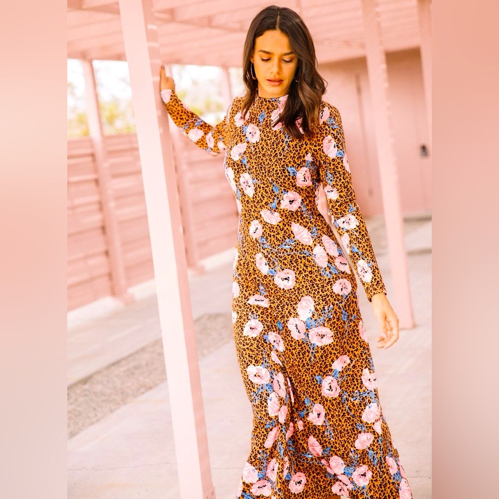 Free People ‘Retro Romance’ Floral Leopard Print Midi Dress Sz M